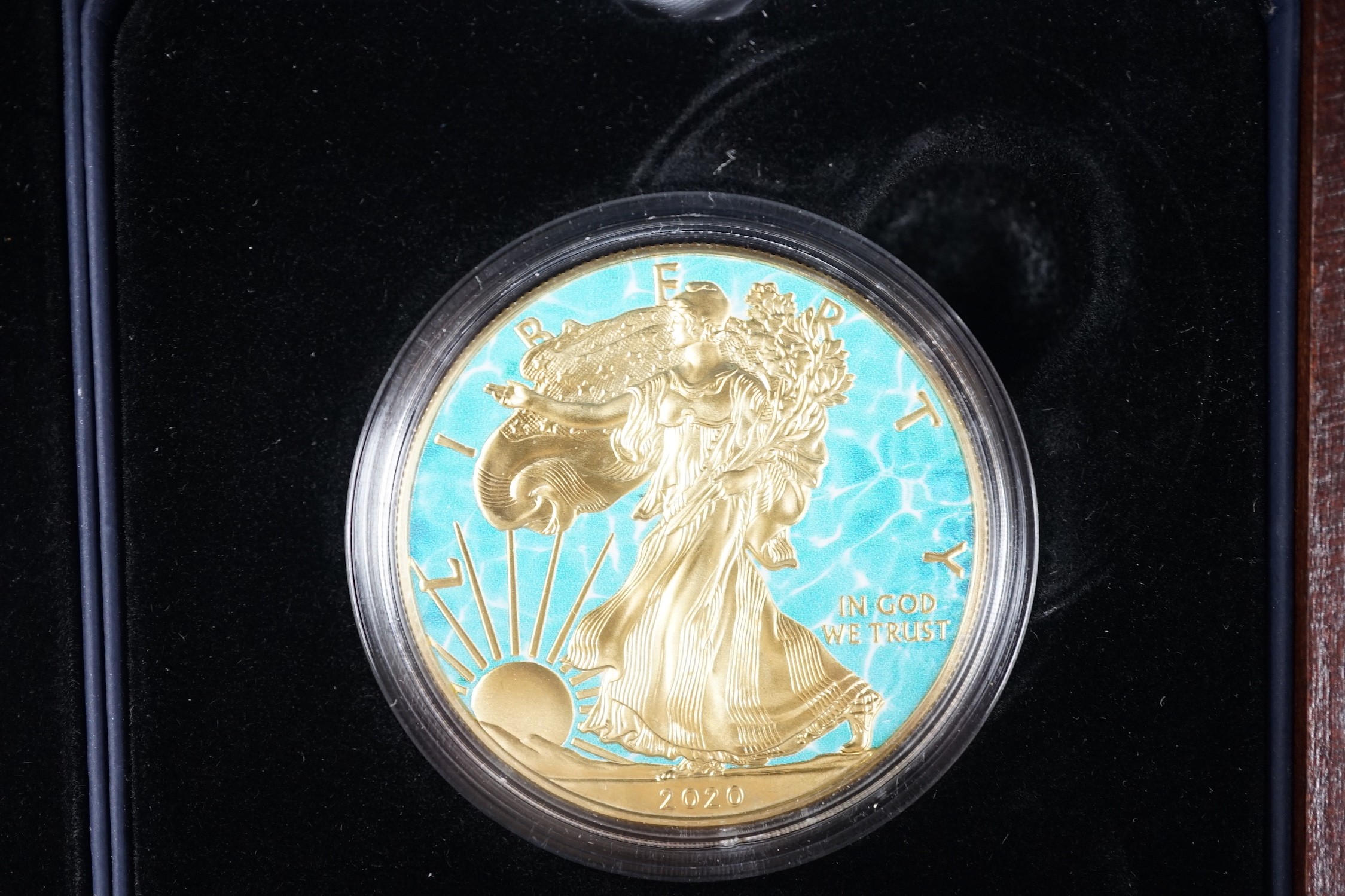 A World Money Fair Red back spider 5oz. Proof silver coin, three art colour 1oz. Silver dollars and a Burning Robin Hood 1oz. BU silver coin (5)